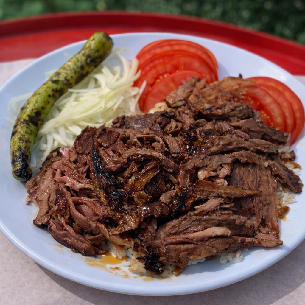 Pilav üstü közde döner tabağı; yanında domates, ince kıyılmış soğan ve közlenmiş biber ile.